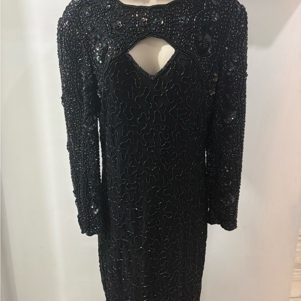 Vintage Night Vogue Hand Beaded Gown 5 feet Floor Length Size Medium Elegant